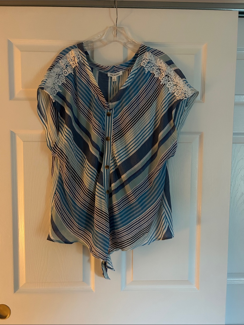 Blue Striped Lace-Trim Tie-Hem Blouse